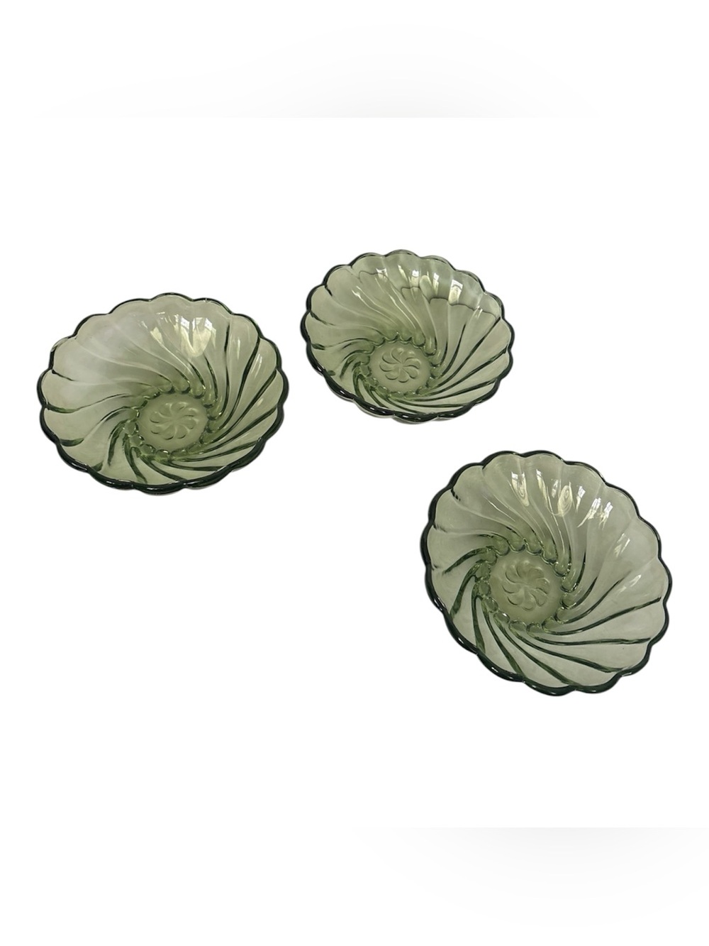 🔥 VTG Hazel-Atlas Green Colonial Swirl Berry Bowls - Set of 3 MCM Glow Glass?